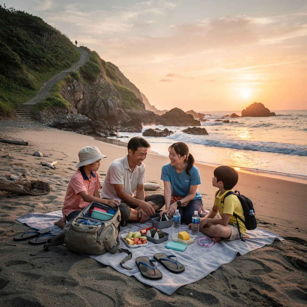 ハイキング中の風景を撮影する人の後ろ姿