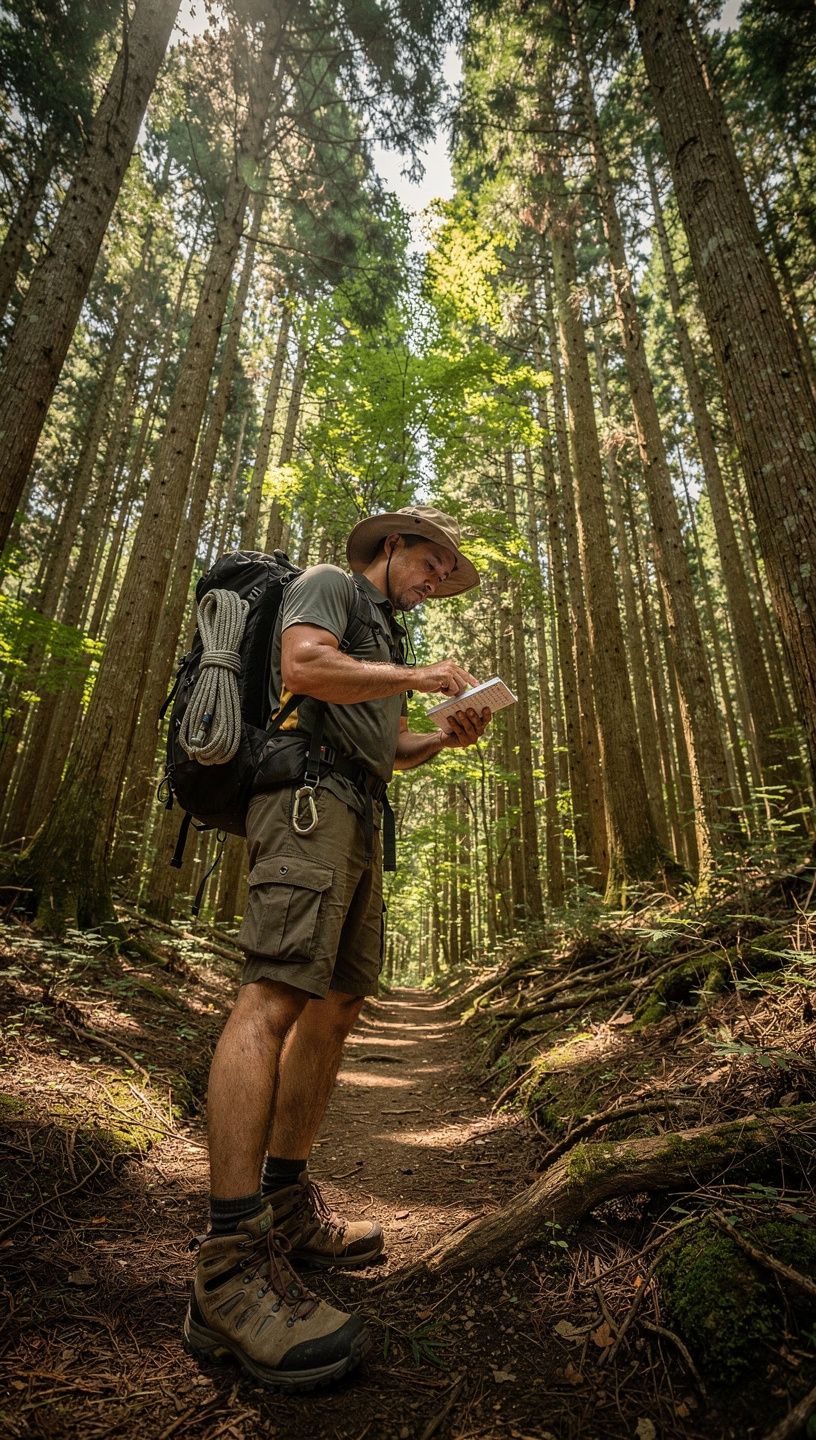 自然の中でのハイキングチェックリストが書かれたノートのアップ画像